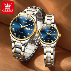 Olevs Silver Blue Couple Watch